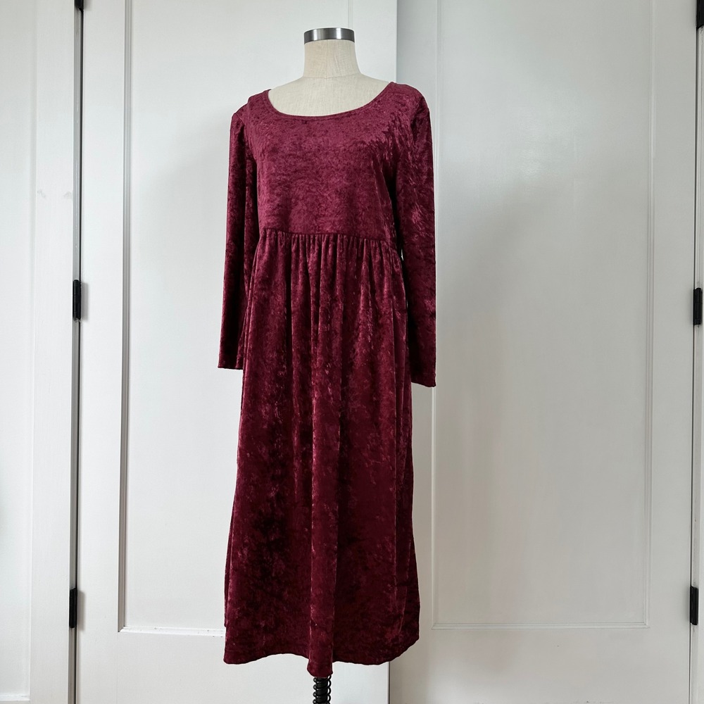 Vintage All That Jazz 90s Burgundy Crushed Velvet Empire Waist Midi Dress 10P